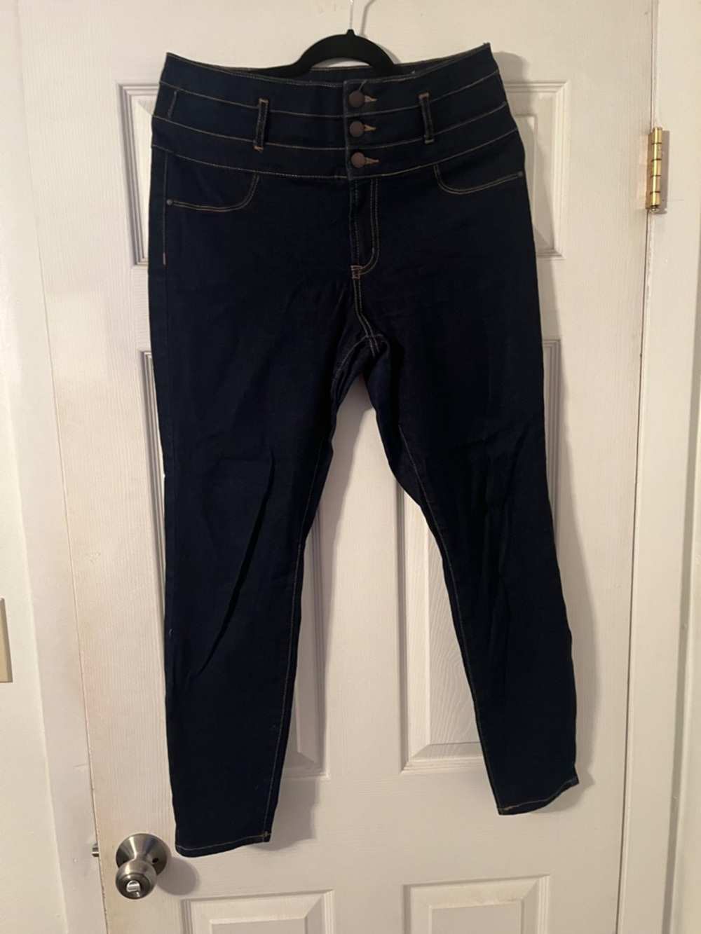 Women's High-Rise Dark Blue Stretch Jeans with Triple-Button Waist